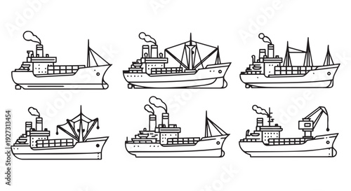 Set of seven different cargo ships and freighters illustrations
