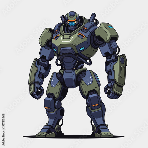 Military robot standing in aggressive stance with green and blue armor