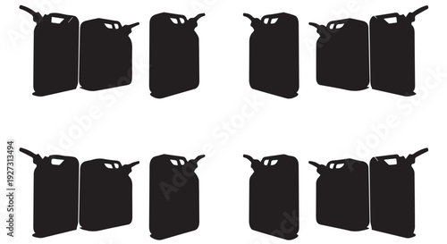 Eight black silhouettes of jerry cans arranged in two rows on Transparent Background, industrial storage containers.