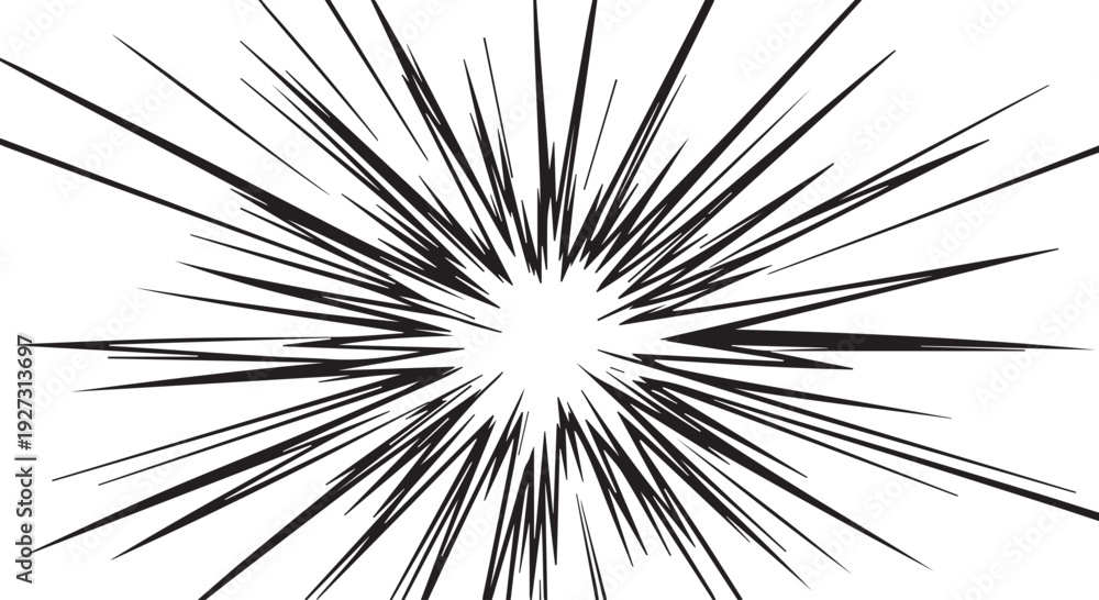 Obraz premium Black and white abstract burst of lines radiating from center, dynamic explosion of energy on Transparent Background