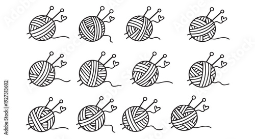 Set of black line art illustrations of yarn balls with knitting needles on Transparent Background for craft and hobby designs