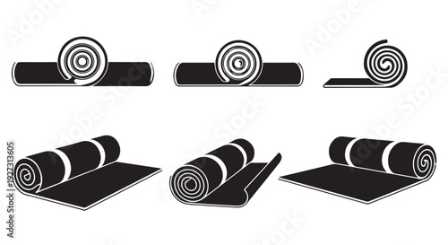 Set of black yoga mats in various rolled and unrolled poses on Transparent Background for fitness and exercise