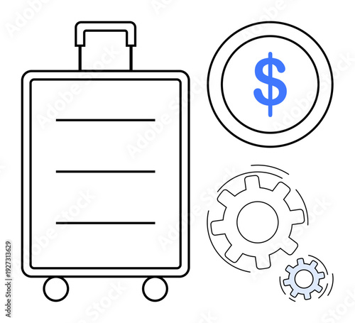 Business travel, efficiency, financial planning, economy, logistics, productivity. Vector design with a suitcase, currency symbol and gears. Business travel and efficiency concepts