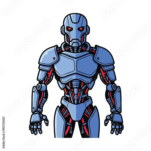 Blue robot character with red eyes and accents