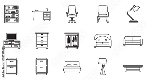 Collection of various home furniture and office icons in line art style on Transparent Background