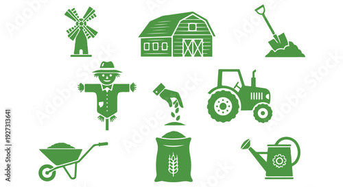 Green farm icons including windmill, barn, tractor, scarecrow, and gardening tools on Transparent Background.