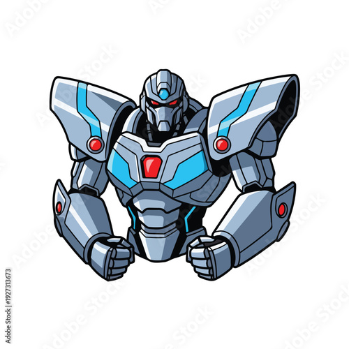 Cartoon robot character in metallic armor with blue accents