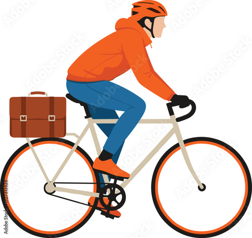 Flat vector illustration of a male cyclist wearing a helmet and orange jacket riding a bicycle with a brown briefcase for eco-friendly commuting