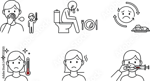 Line art icons showing medical symptoms including fever nausea stomach ache vomiting and headache with patient receiving vaccination or treatment for healthcare education and diagnosis.