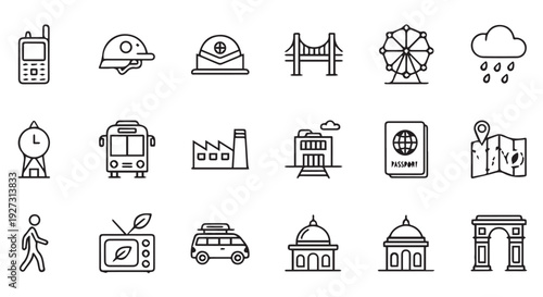 Collection of 20 line icons depicting transportation, travel, and architecture in simple black and white