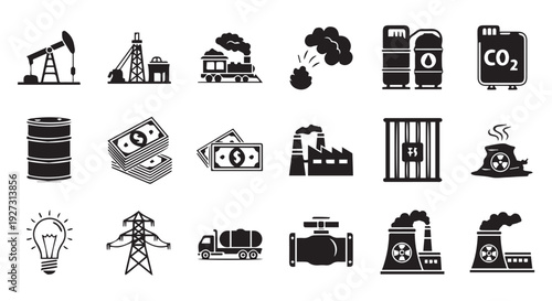 Black icons of industrial and environmental pollution concepts on Transparent Background