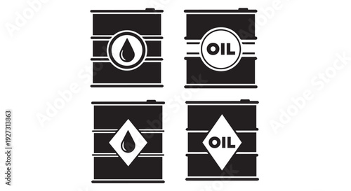 Four black and white oil warning signs with different symbols on them for industry and transport