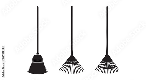Three different types of brooms and brushes on handles, cleaning tools, isolated on Transparent Background.