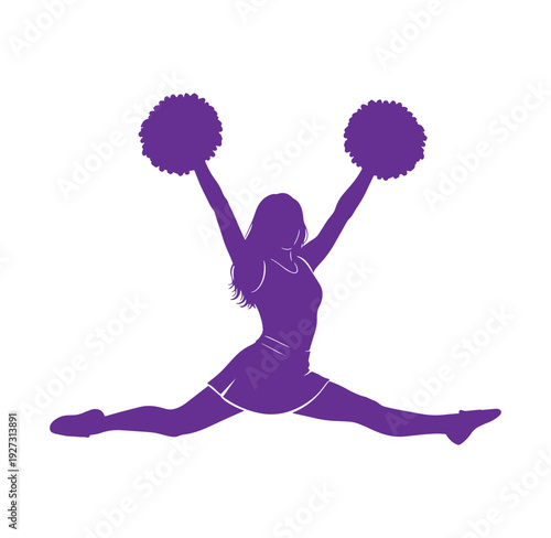 purple cheerleader in mid split with pom poms raised high in the air