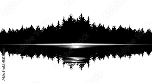 Black silhouette of a forest reflected in calm water on World Forest Day, a nature icon design for International Day of Forests events.