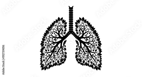Black silhouette illustration of human lungs with detailed bronchial tree on white background for World Forest Day or International Day of Forests design
