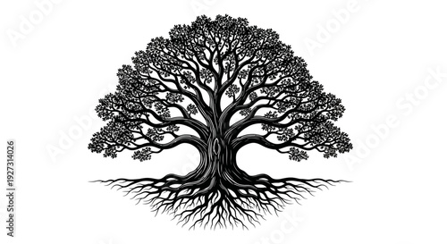 Black silhouette illustration of a tree with exposed roots and lush foliage, symbolizing the World Forest Day and International Day of Forests, against a clean white background.