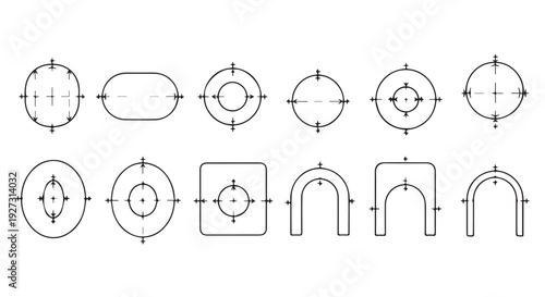 Collection of various geometric shapes with rotational symmetry, technical drawing elements.