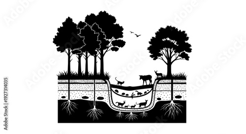 Black silhouette illustration of a forest ecosystem on International Day of Forests, showcasing trees, animals, and natural layers in a simple design.