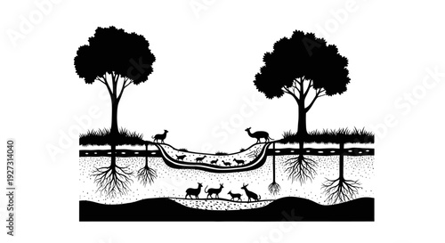 Black silhouette illustration of a forest ecosystem with trees, animals, and roots, celebrating International Day of Forests in a natural, iconic design.