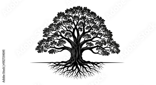 Black silhouette illustration of a tree with extensive roots and leafy canopy on a white background, symbolizing the World Forest Day and International Day of Forests.