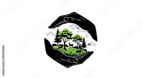 A black silhouette of hands cradling a vibrant green forest landscape with trees and mountains, symbolizing World Forest Day and International Day of Forests in a vector illustration design.