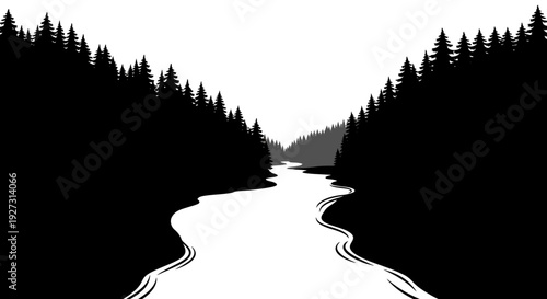 Black silhouette illustration of a serene forest landscape with a winding river on International Day of Forests, symbolizing nature and the forest ecosystem in a simple, iconic design.