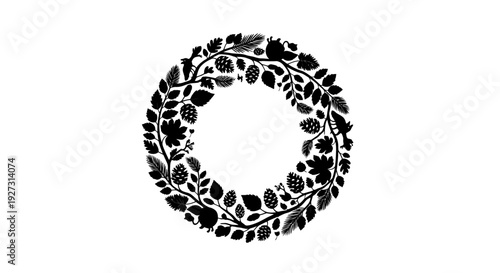 Black silhouette illustration of a forest wreath on a white background, symbolizing International Day of Forests and World Forest Day with a natural design element.