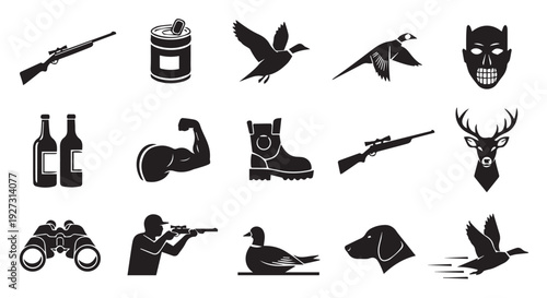 Collection of black silhouette icons for hunting and outdoors activities with various gear and wildlife