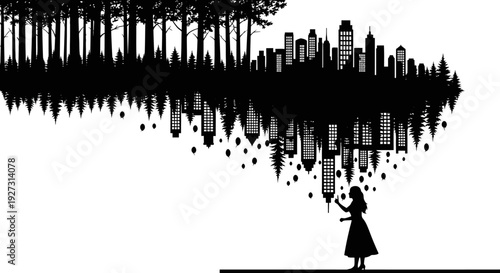 Black silhouette illustration of a girl standing under a floating cityscape and forest ecosystem on World Forest Day with a natural and international design theme.