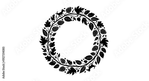 Black silhouette illustration of a leafy wreath on a white background, symbolizing International Day of Forests and World Forest Day with a natural, iconic design.