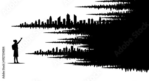 Black silhouette of a man pointing towards a cityscape on International Day of Forests, a vector illustration with a natural and iconic design for business and environmental events.