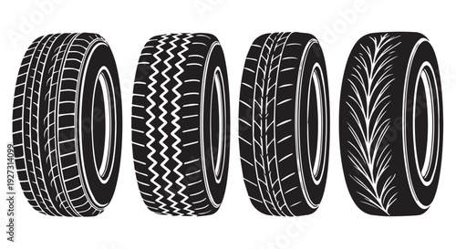 Four different car tires with unique tread patterns on Transparent Background for automotive industry