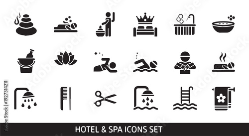 Black hotel and spa icons set including symbols for bath, sauna, massage, and amenities