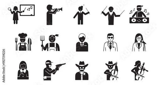 Collection of 16 black silhouette icons of various occupations and hobbies on Transparent Background