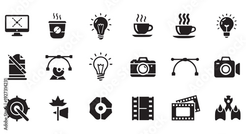 Collection of creative and photography related icons in black on Transparent Background for design use