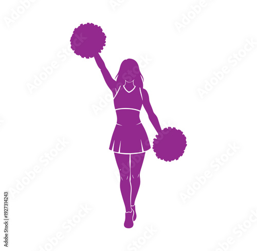 Purple silhouette of a cheerleader holding pom poms in one hand up in the air