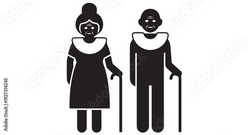 Elderly couple illustration, senior man and woman standing with walking sticks, black silhouette graphic