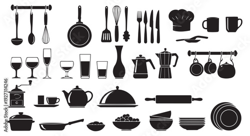 Black silhouette icons of kitchen utensils and dishes on Transparent Background for cooking and recipe design