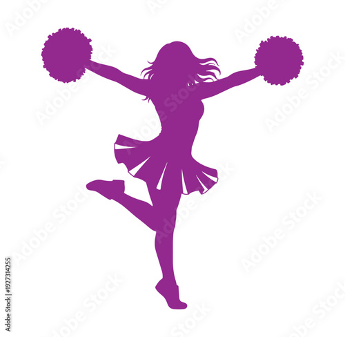 purple silhouette of a cheerleader with pom poms dancing energetically on white background