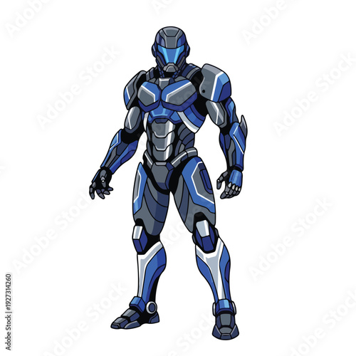 Futuristic robot character in blue and gray metallic armor standing isolated