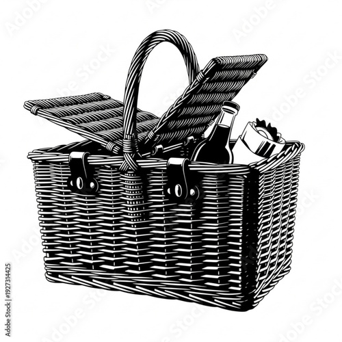 A wicker picnic basket with bottles and glasses, illustration, leisure activity