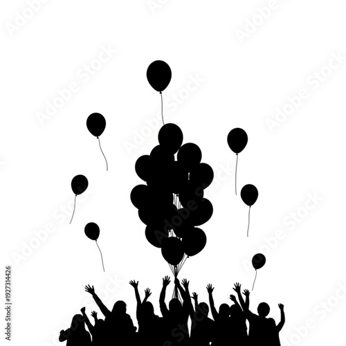 Crowd of people celebrating with black balloons flying upwards in joyful atmosphere