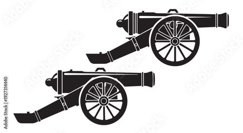 Vintage black and white illustration of two antique cannons on wheels, historical warfare elements.