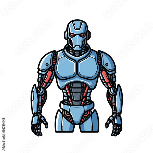 Robot character in futuristic blue and red metallic armor standing alone