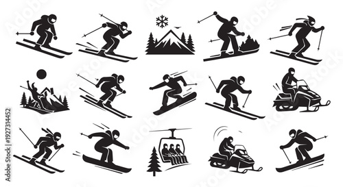 Collection of black silhouettes of skiers in various poses and snow sports scenes on mountain