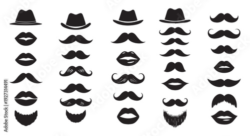 Collection of various black silhouette facial hair and hat combinations for graphic design