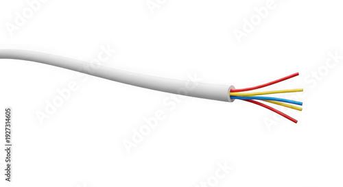 White electrical cable with exposed multicolored wires isolated on transparent background