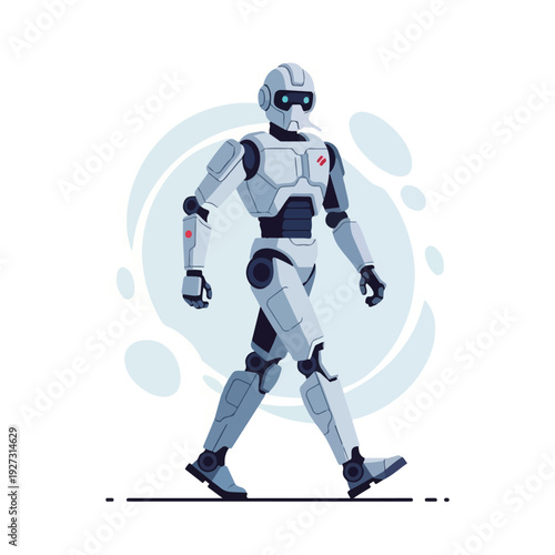 Futuristic robot character in metallic suit walking forward