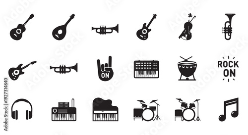 Collection of black music icons and instruments on Transparent Background, rock on